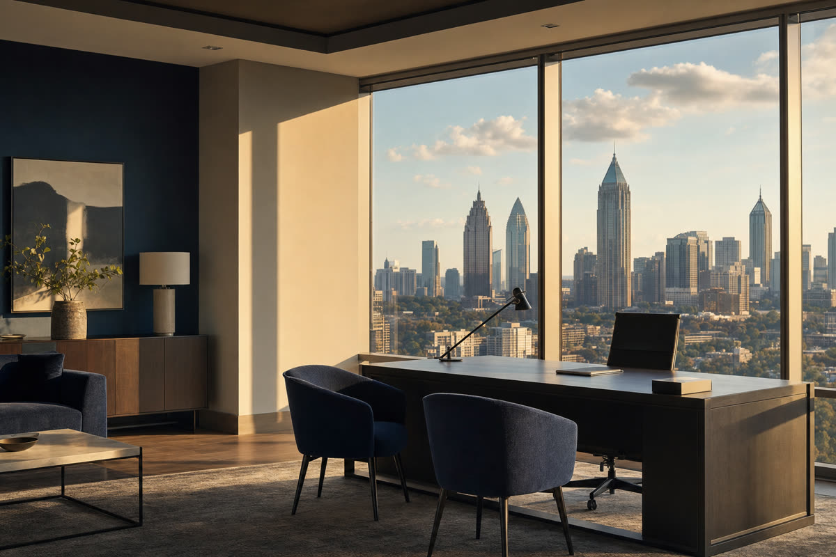 A calm corner office at golden hour overlooking the Atlanta skyline